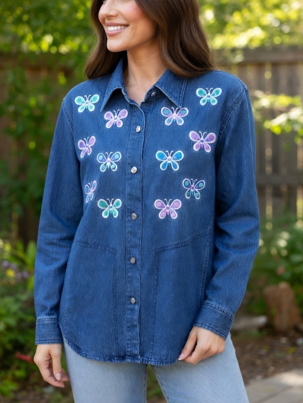Bob Mackie Vintage 90's Embroidered Butterfly Denim Button-Up Shirt Size L